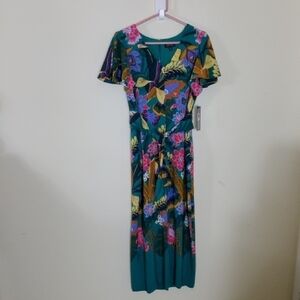 Tahari Tropical Floral Teal V-neck Jumpsuit Size 10